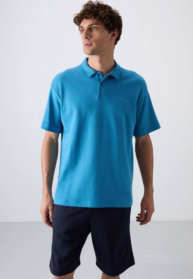 Petrol Mavi Pamuklu Kalın Yumuşak Dokulu Oversize Fit Basic Polo Yaka Erkek T-Shirt - 88327