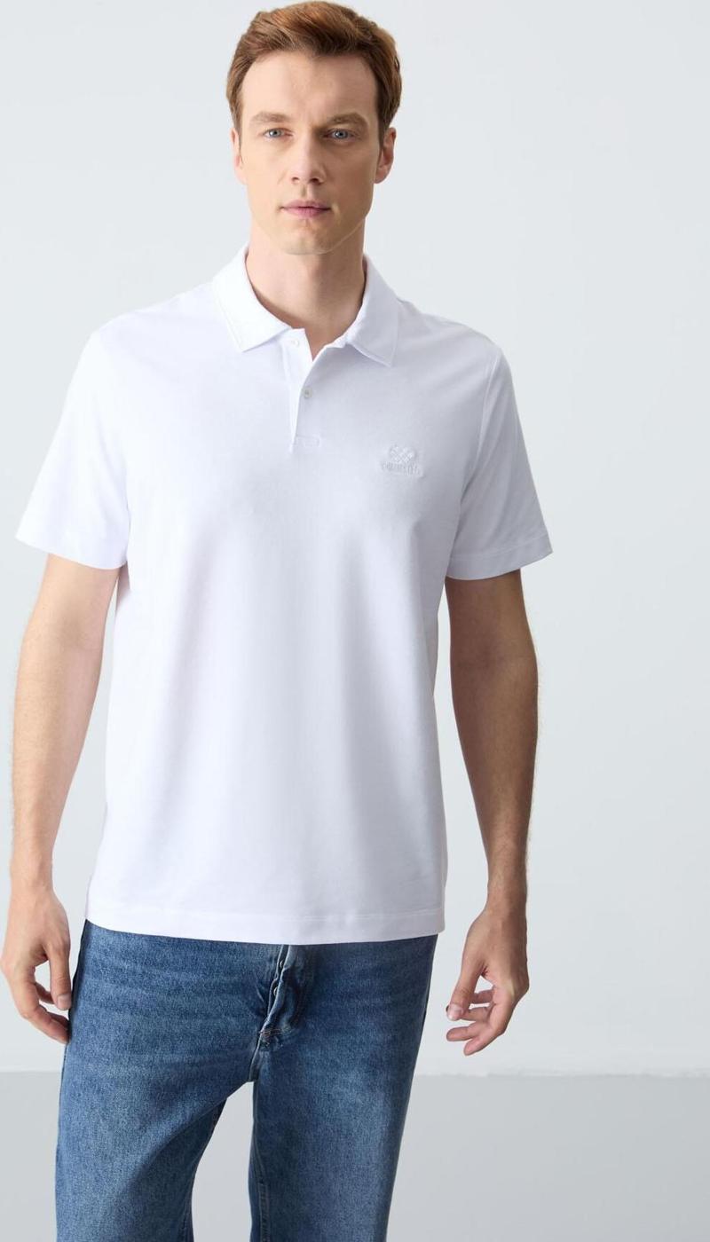 Beyaz Basic Logolu Standart Kalıp Triko Polo Yaka Erkek T-Shirt - 87748