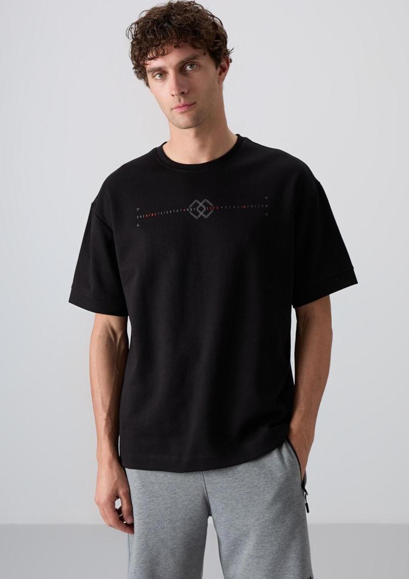 Siyah Pamuklu Kalın Yumuşak Dokulu Oversize Fit Baskılı Erkek T-Shirt - 88323