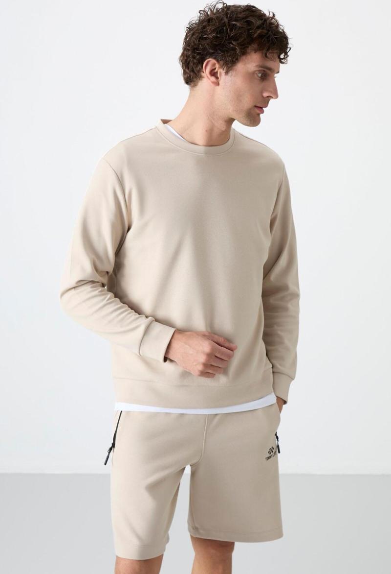 Bej Basic O Yaka Rahat Form Erkek Sweatshirt - 88053