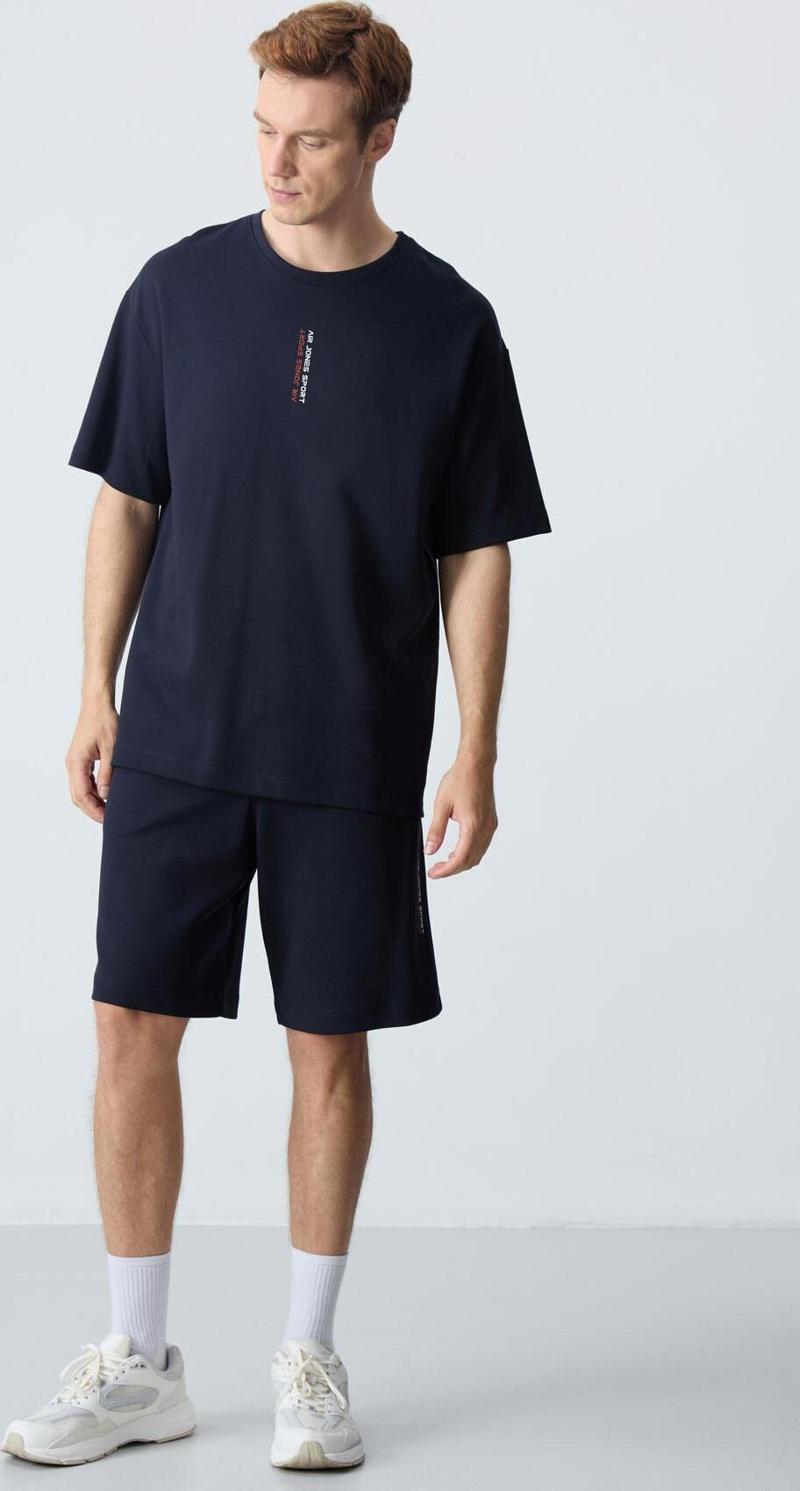 Lacivert Pamuklu Kalın Yumuşak Dokulu Oversize Fit Basic Erkek Şort Takım - 85258