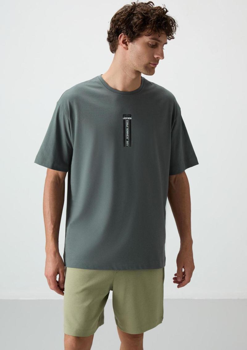 Haki %100 Pamuk Kalın Yumuşak Dokulu Oversize Fit Baskılı Erkek T-Shirt - 88360