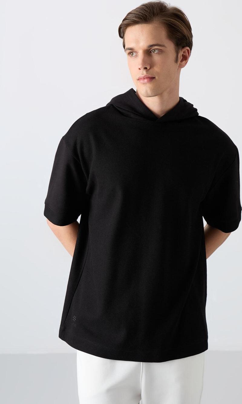 Siyah Pamuklu Kalın Yüzeyi Dokulu Oversize Fit Basic Erkek T-Shirt - 88335