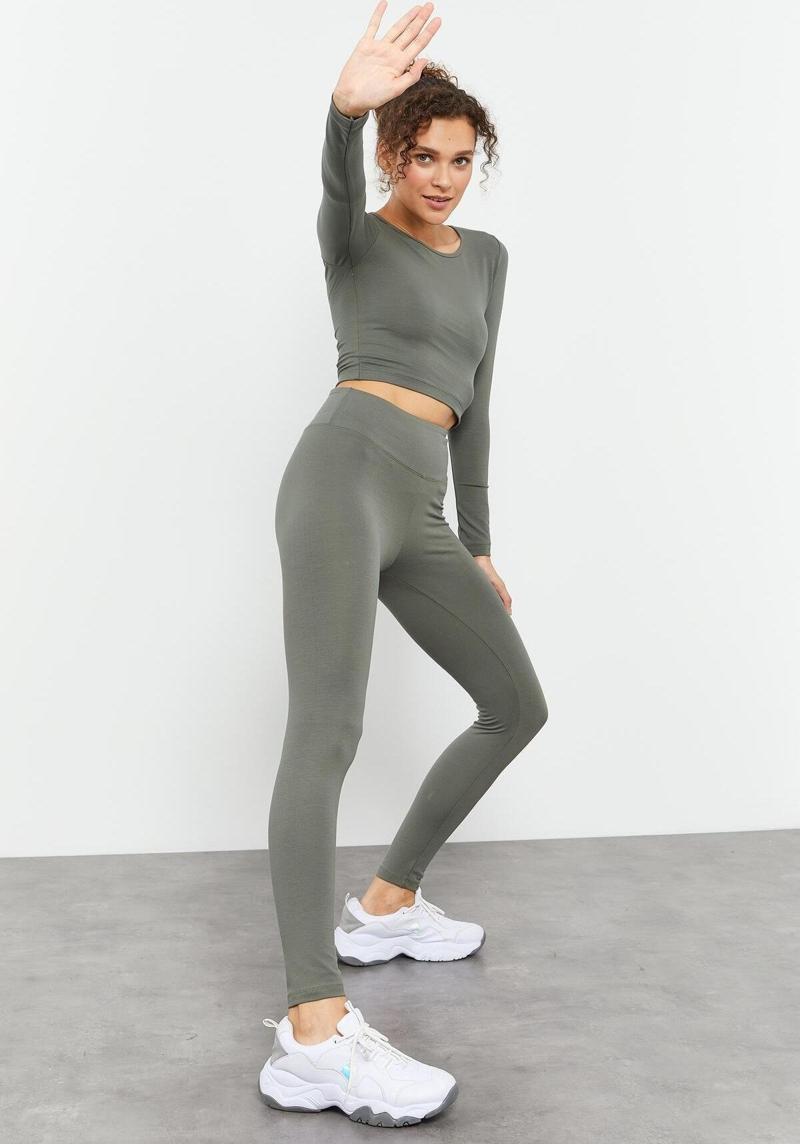 Çağla Yüksek Bel Uzun Kollu Slim Fit Crop Top Kadın Tayt Takım - 95286