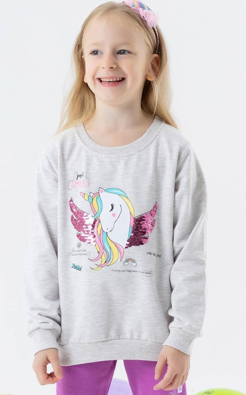 Kız Çocuk Sweatshirt Unicorn Baskılı 2-6 Yaş, Gri Melanj