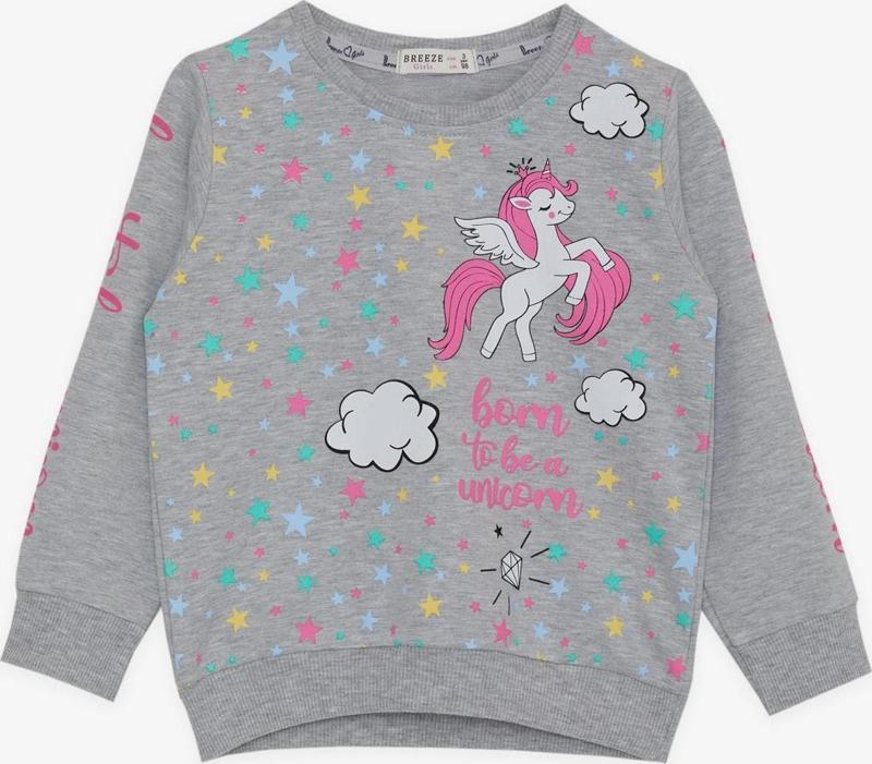 Kız Çocuk Sweatshirt Unicorn Baskılı 2-6 Yaş, Gri Melanj