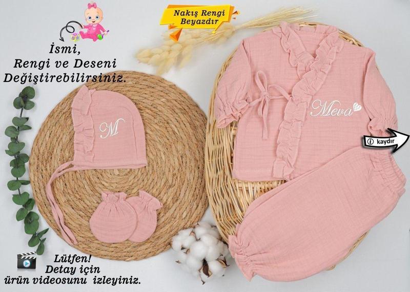 Yeni Doğan Müslin 4'lü Kimono Bağcıklı Tulum %100 Pamuk Organik (Kişiye Özgü İsimli Nakış Desenli)