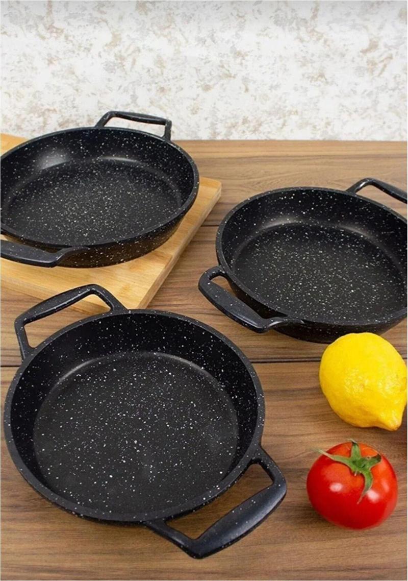 3'Lü Set Döküm Siyah Granit Sahan Tava 22Cm-20Cm-18Cm
