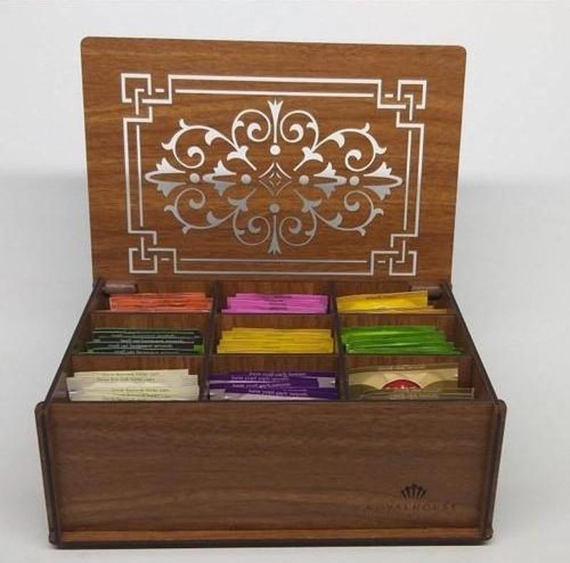 Ahşap Ceviz Renk Çay Kutusu 9 Bölmeli Kapaklı Bitki Çayı Saklama Kabı ( Çaylar Dahil) Tea Box