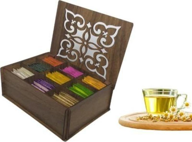 Ahşap Gediz Renk Çay Kutusu 9 Bölmeli Kapaklı Bitki Çayı Saklama Kabı ( Çaylar Dahil) Tea Box