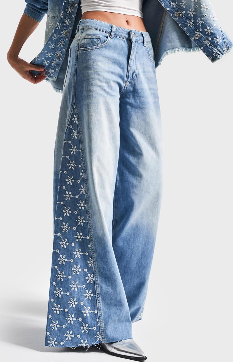 Kadın Mavi Kot Rengi 2S5-75 Çiçek Nakışlı Palazzo Fit %100 Koton Tasarım Denim Jean