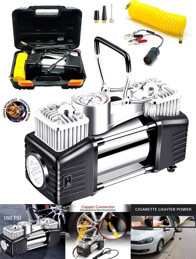 Oto Kamyon Lastik Şişirme 12V 150PSI  Çift Piston Çantalı Hava Kompresörü