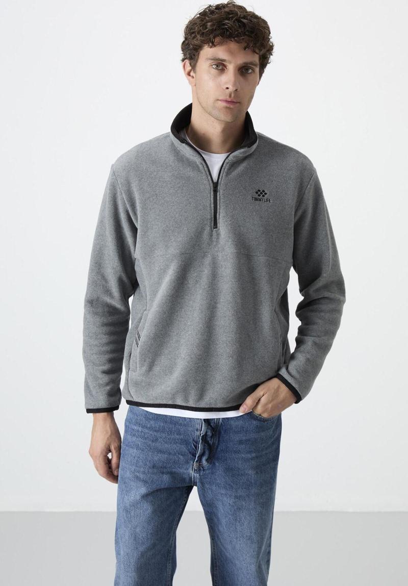Gri Melanj Yarım Fermuarlı Sweatshirt Slim Fit Dik Yaka Erkek Polar - 87891