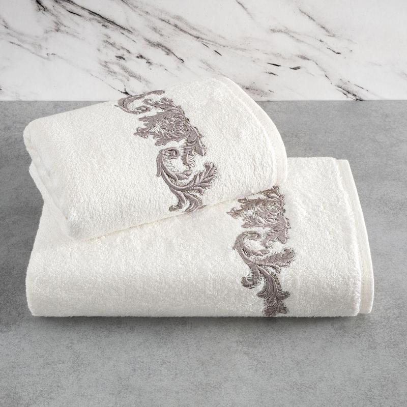 Bambu Yumuşak & Su Emici Tivoli Cloé Havlu - Ekru Rengi Nakışlı Havlu Modelleri - 2'Li Set