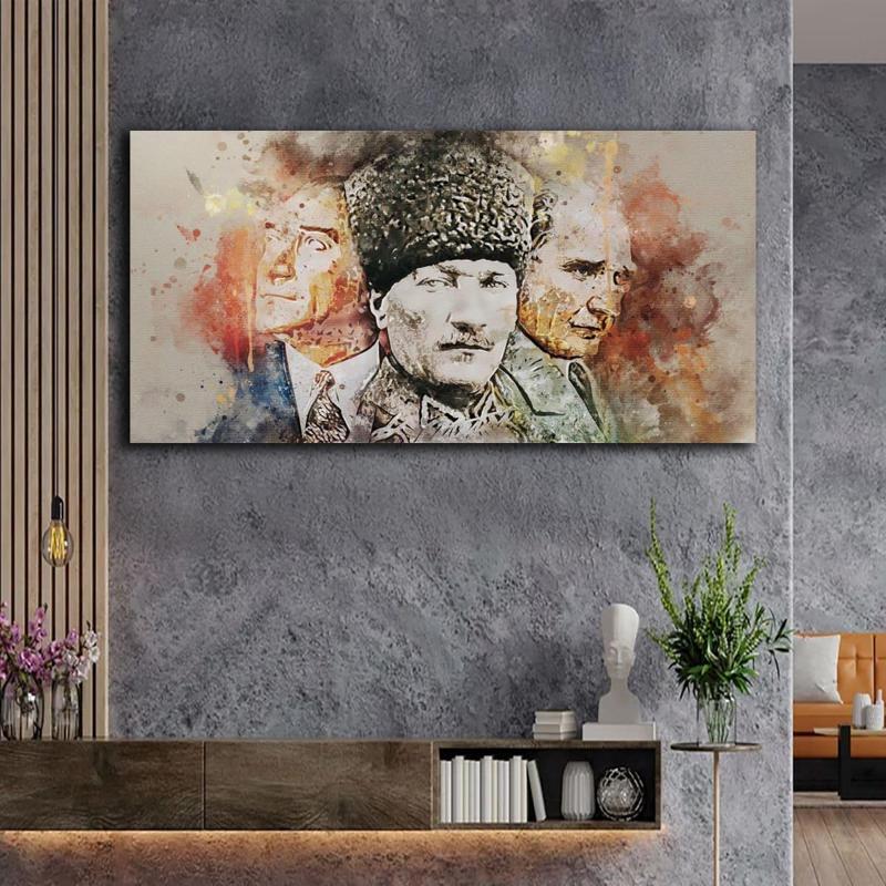 Atatürk Yağlı Boya Dokulu Tablo 50X150 Gold Çerçeveli
