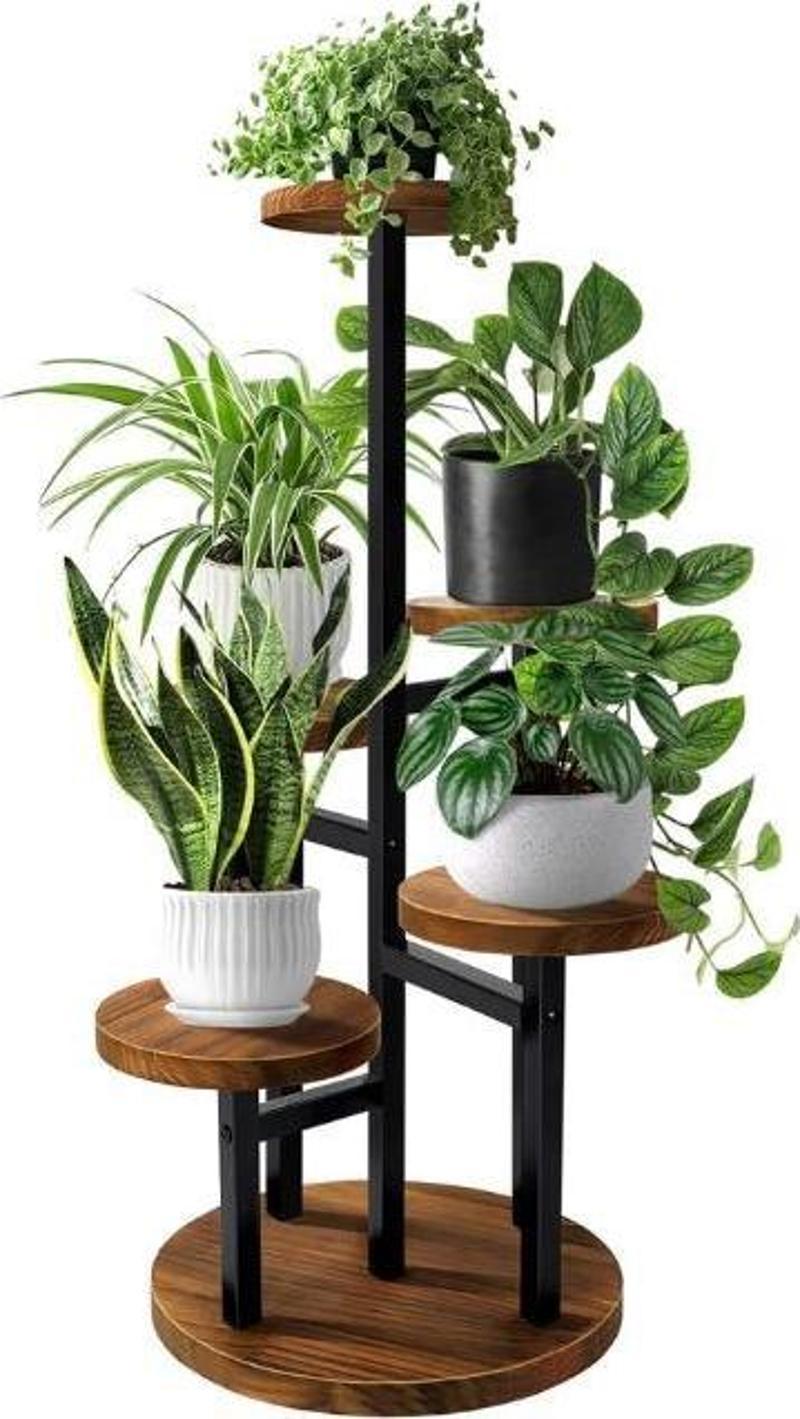 Çiçeklik 5 Raflı Saksılık Dekoratif 5 Raflı Çiçeklik Metal Doğal Ahşap Saksılık Çiçek Rafı Daire Model