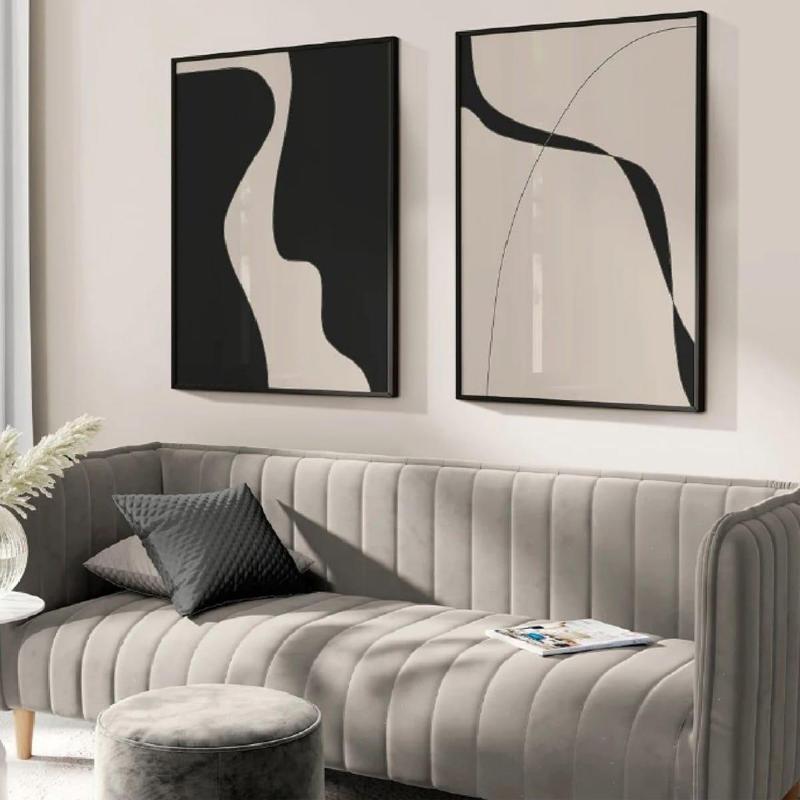 Black & Beige İkili Set Yağlı Boya Dokulu Tablo 60X90 Siyah Çerçeveli