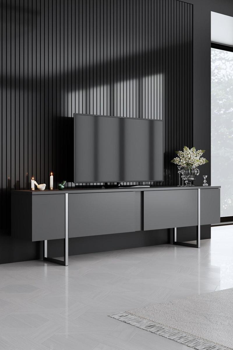 Luxe Gümüş Demir Ayaklı Antrasit Tv Sehpası Tv Ünitesi