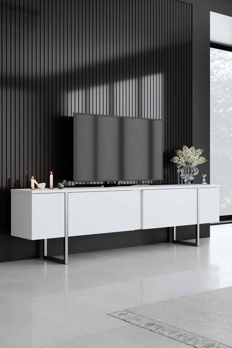 Luxe Gümüş Demir Ayaklı Beyaz Tv Sehpası Tv Ünitesi
