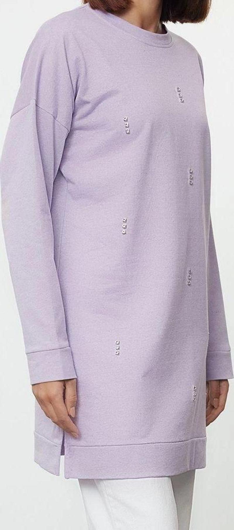 Tesettür Tarz Relaxed Bisiklet Yaka Düşük Kol Regular Basic Taş Detaylı Sweatshirt