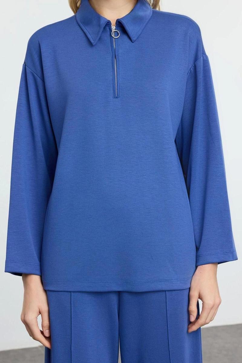 Tarz Kadın Normal Bel Boru Paça Oversize Geniş Kalıp Yumuşak Kumaşlı Polo Yaka Örme Alt-Üst Takım