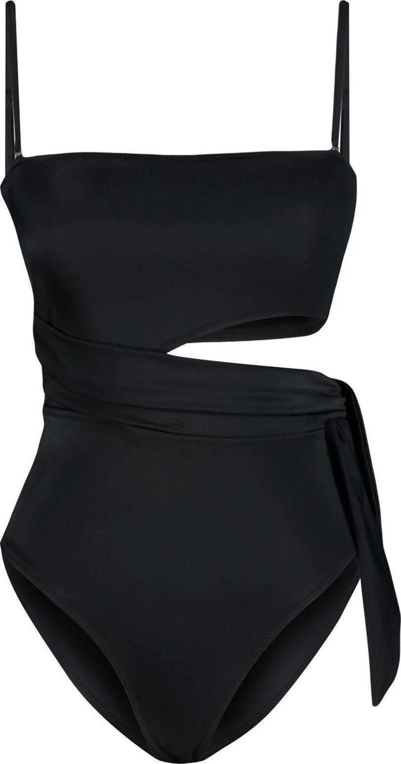 Kadın Moda Atma Kap Askılı Brief Yaka Siyah Straplez Cut Out Pencereli Regular Mayo