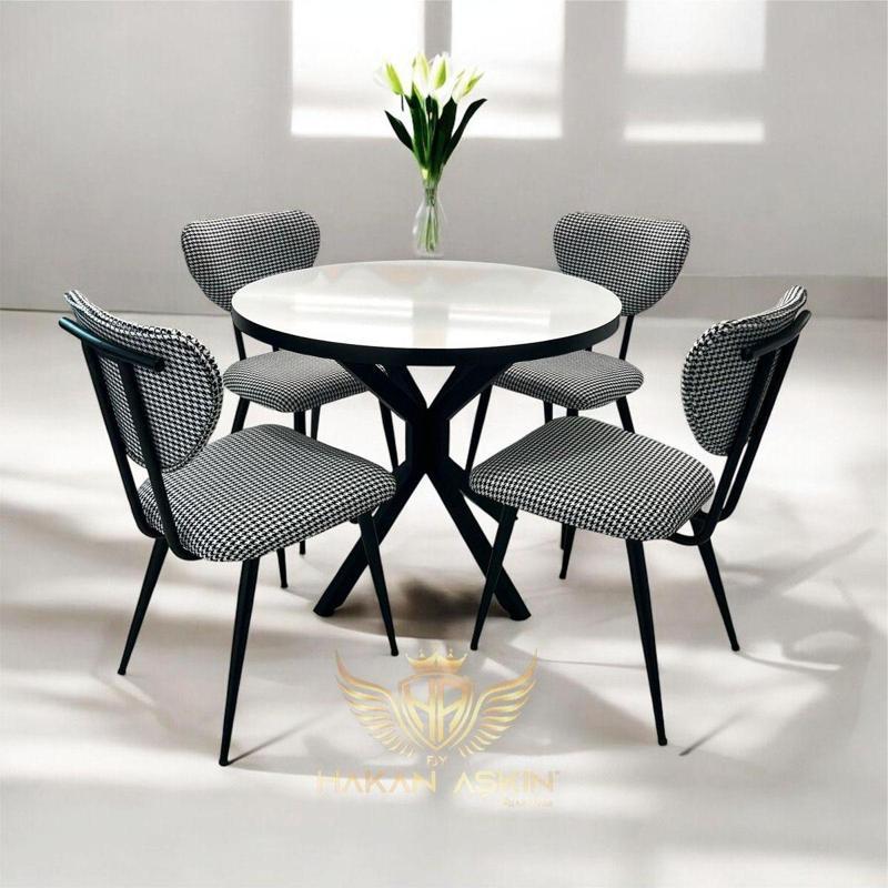 Metal Ayaklı 4 Kişilik 90 Cm Çap Masa Sandalye Takımı (Kazayağı) Dokuma Kumaş
