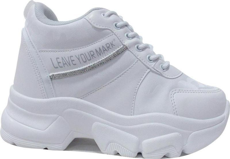 Beyaz Gümüş Yüksek Topuklu Bağcıklı Sneakers Spor Ayakkabı