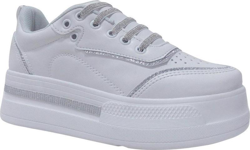 Beyaz Gümüş Yüksek Topuklu Lastik Bağcıklı Sneakers Spor Ayakkabı