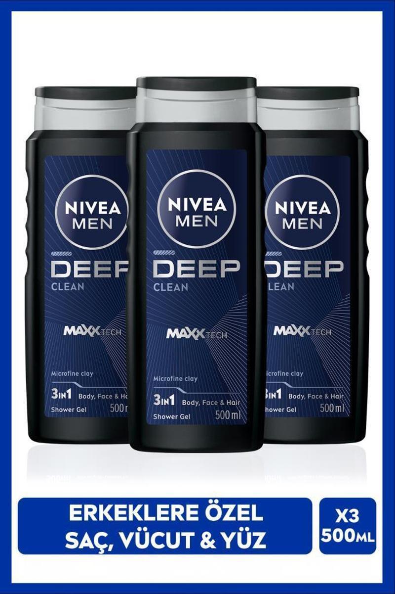 MEN Erkek Deep Dimension Duş Jeli 500ml, 3ü1Arada Komple Bakım, Vücut Saç Yüz, Erkeksi Koku, X3Adet