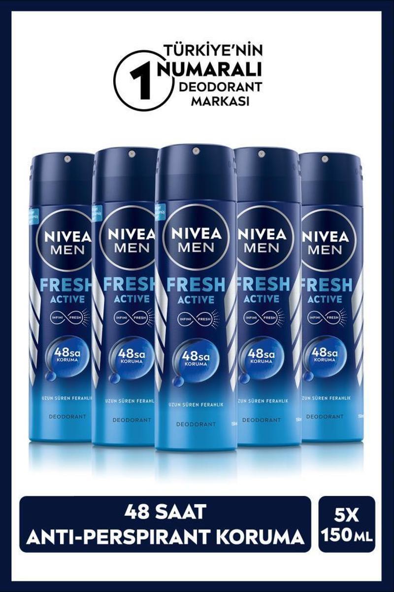 NIVEA MEN Erkek Sprey Deodorant Fresh Active 150 mlx5Adet,48 Saat Deodorant Koruması