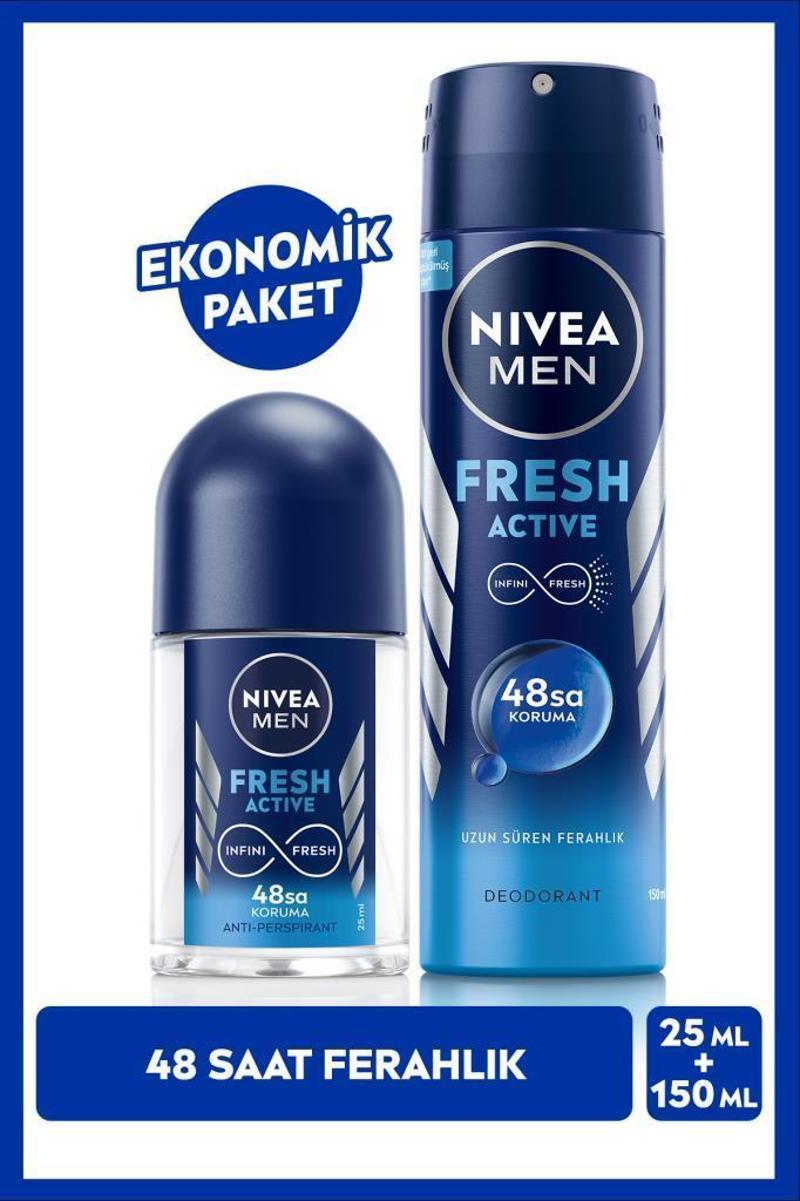 NIVEA MEN Erkek Sprey Deodorant Fresh Active 150ml ve Mini Roll-on Fresh Active 25ml