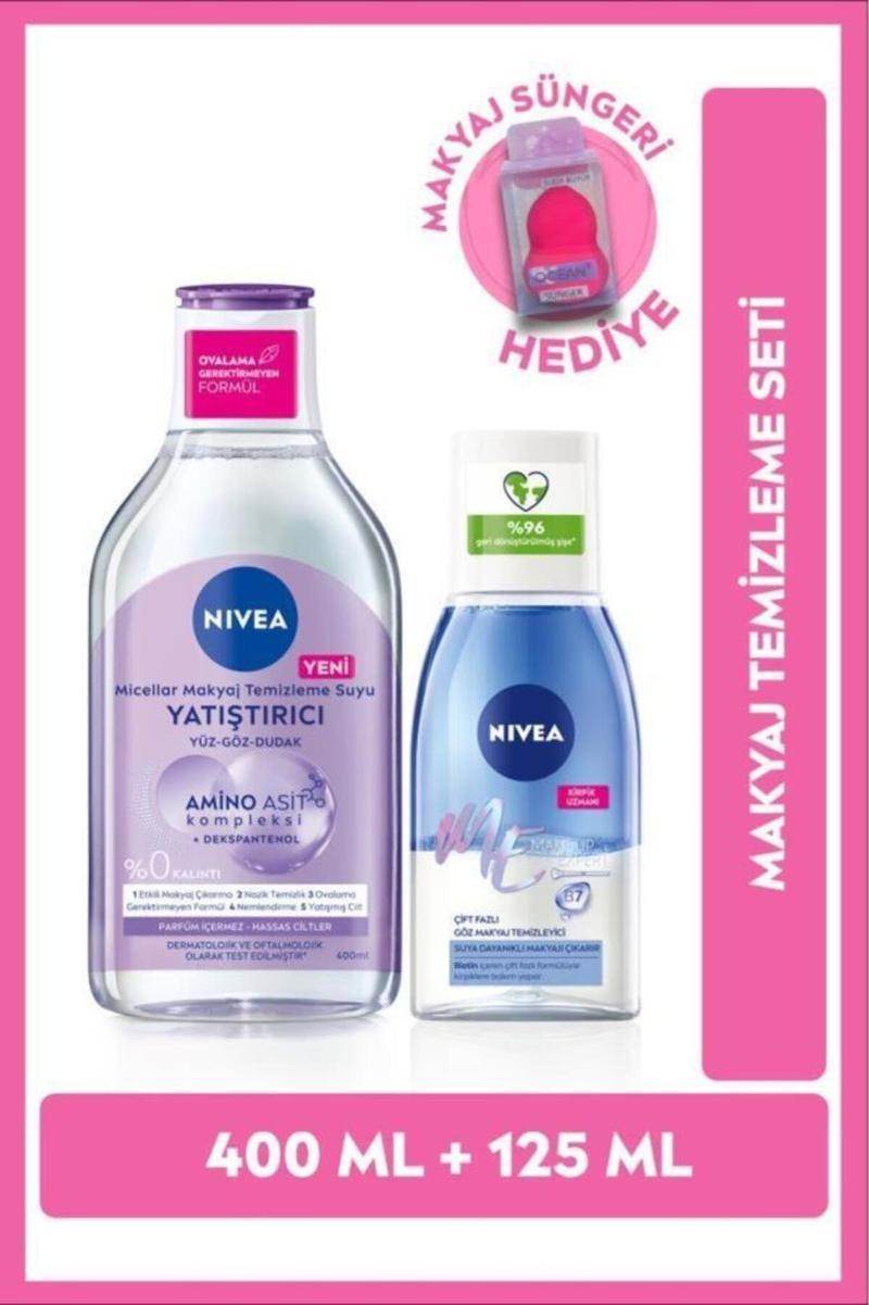 Çift Fazlı Göz Makyaj Temizleyici, Yatıştırıcı Micellar Makyaj Temizleme Suyu 400ml, Sünger Hediyeli