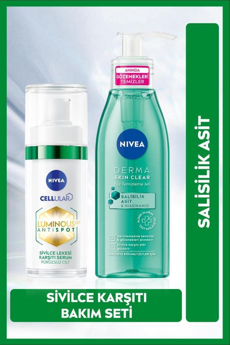 NIVEA Sivilce Karşıtı Luminous630 Serum ve Derma Skin Clear Temizleme Jeli,Salisilik Asit,Yağlı Cilt