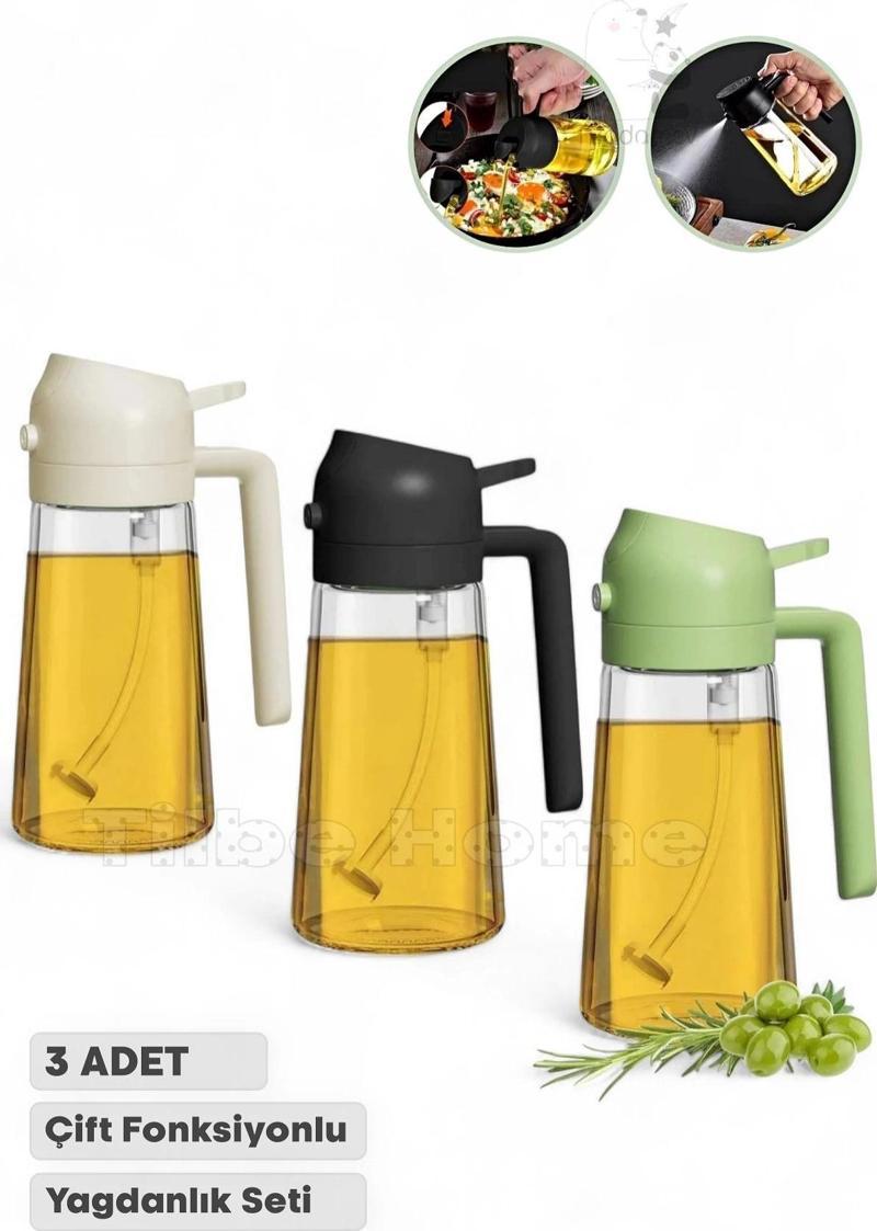 3 Adet Çift Fonksiyonlu Yağdanlık 450ml Zeytinyağı Sıvıyağ Cam Şişe Sprey Airfryer Yağlık Sirkelik
