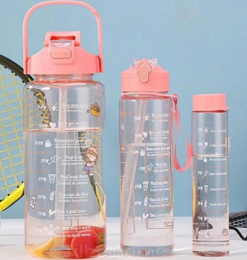 3'lü Motivasyonel Sporcu Su Şişesi Tritan Suluk Su Matarası Pipetli Stickerlı Suluk 2000+900+500ml