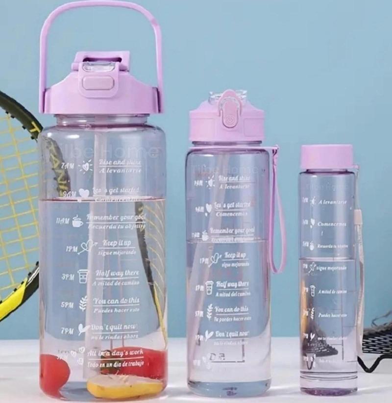 3'lü Motivasyonel Su Matarası Tritan Sporcu Su Şişesi Suluk Stickerlı Pipetli Suluk 2000+900+500ml
