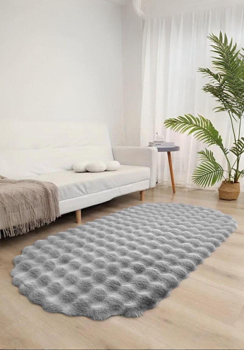Bubble Oval Yumuşak Peluş Kaymaz Salon Oturma Odası Balkon Halısı Yolluk Gri
