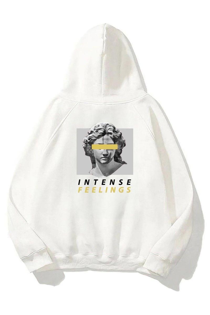 Kapüşonlu Içi Polar Intense Feelings Yazılı Heykel Baskılı Beyaz Hoodie Unisex Sweatshirt