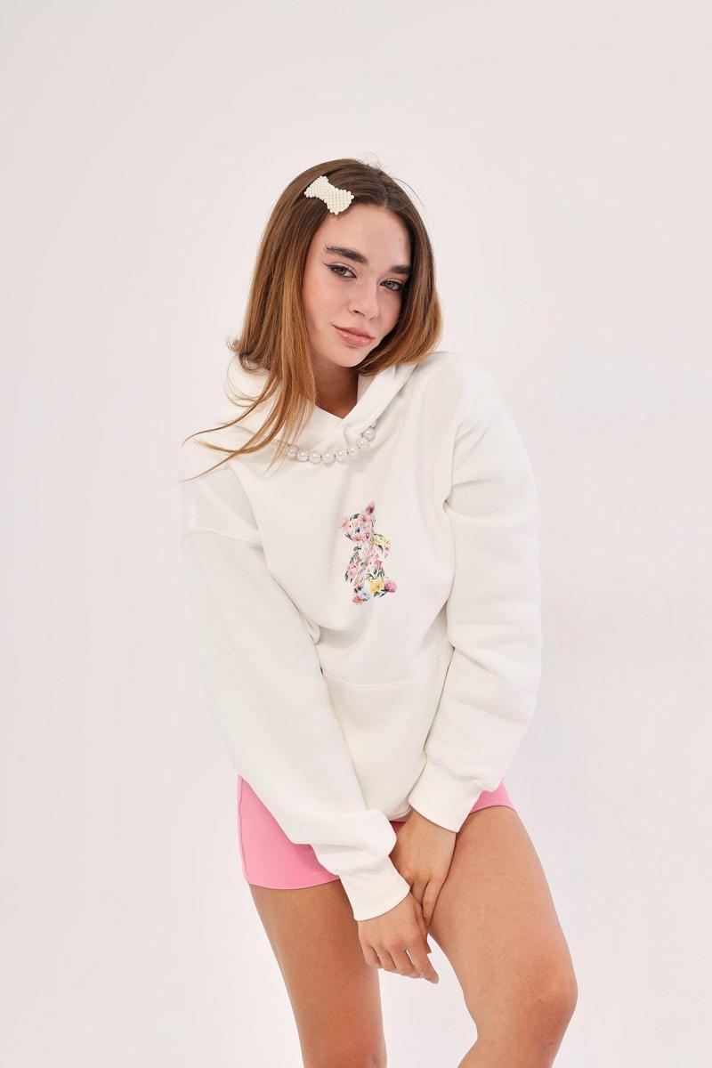 Kapüşonlu İçi Polar Çiçekli Ayıcık Baskılı Beyaz Unisex Hoodie Sweatshirt