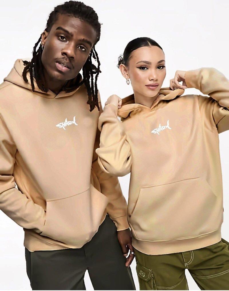 Kapüşonlu Içi Polar Shark Baskılı Bej Oversize Hoodie Sweatshirt
