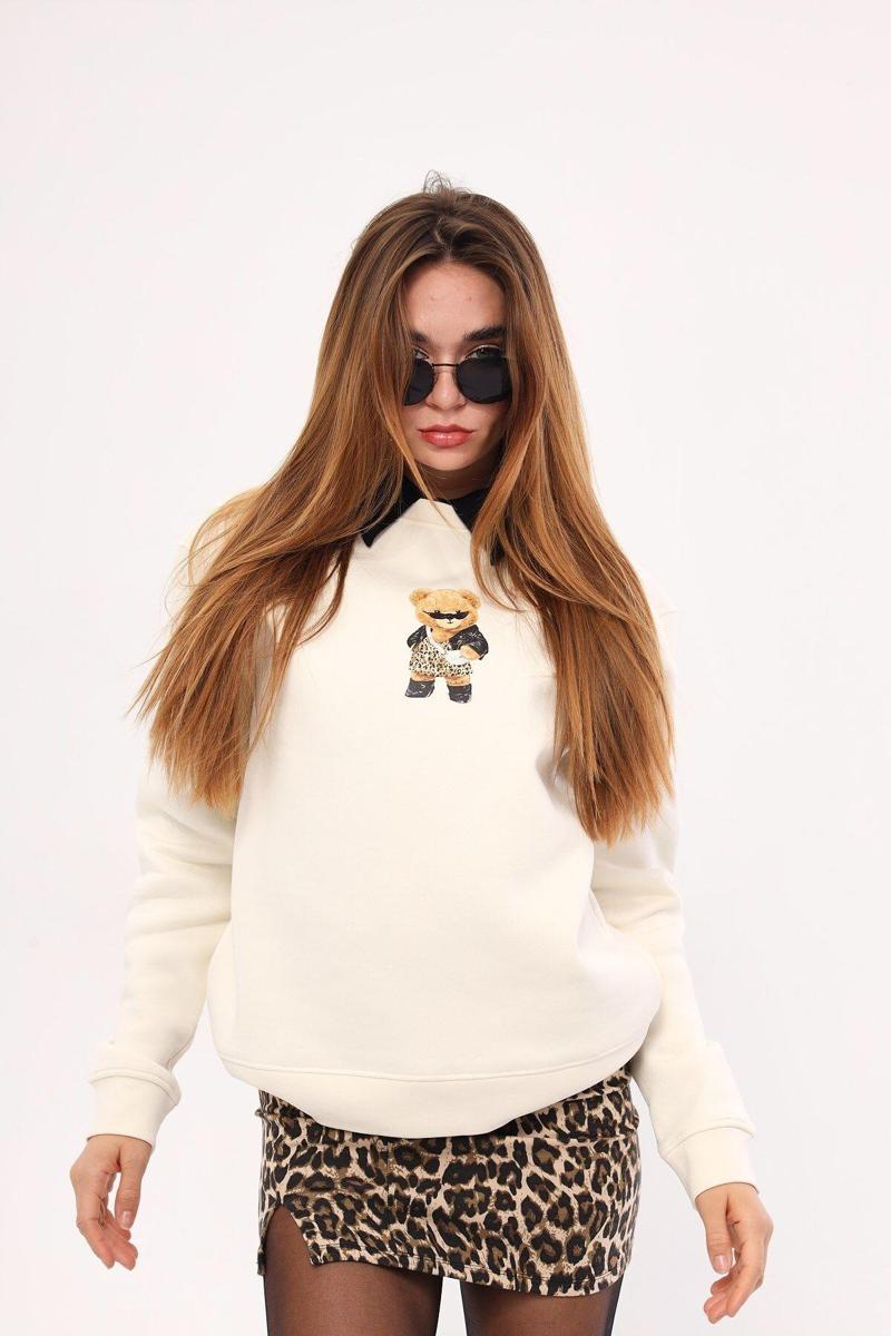 Bisiklet Yaka Içi Polar Teddy Bear Leopar Baskılı Beyaz Unisex Sweatshirt