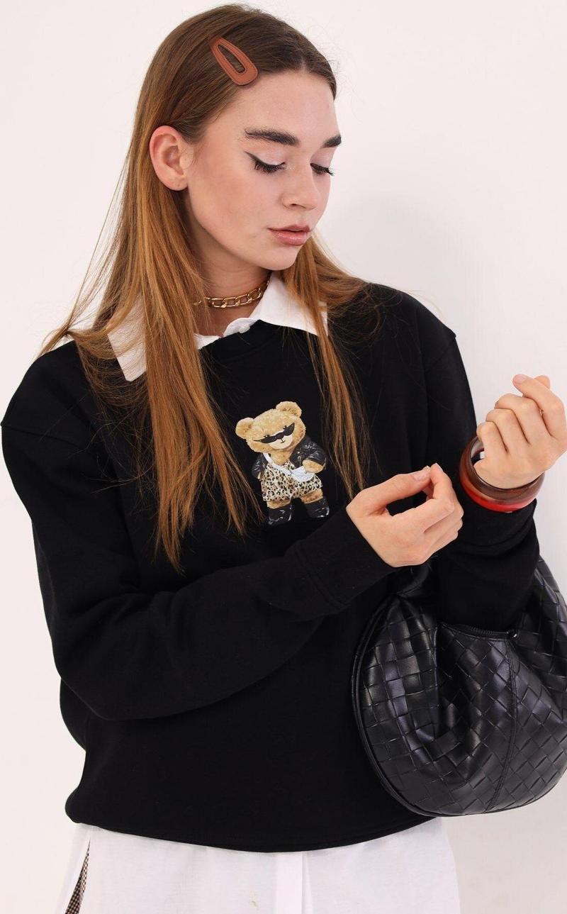 Bisiklet Yaka Içi Polar Teddy Bear Leopar Baskılı Siyah Unisex Sweatshirt