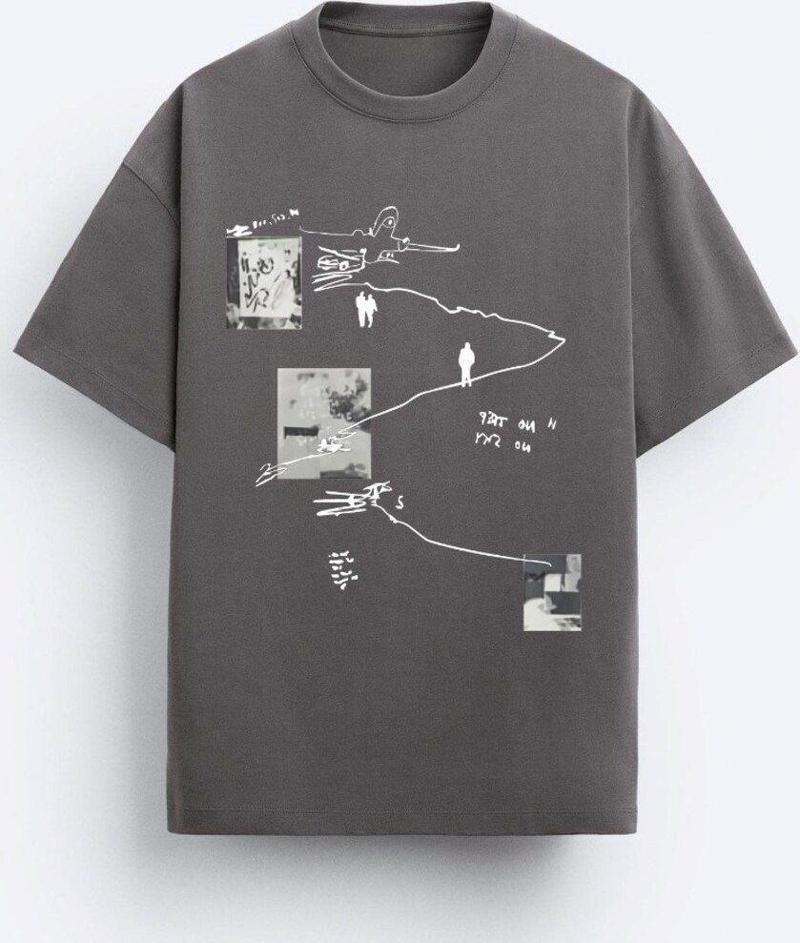 Art Work Baskılı Oversize Füme Erkek T-Shirt
