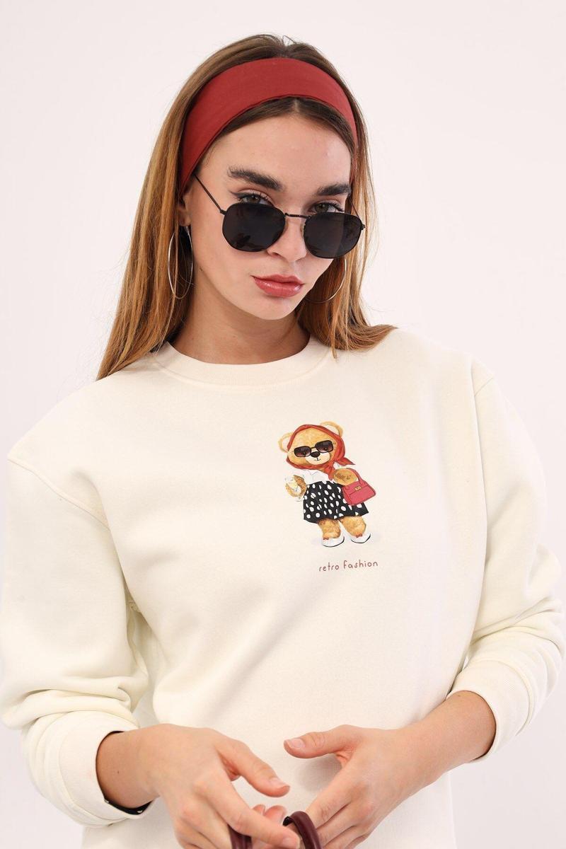 Biskilet Yaka İçi Polar Ayıcık Baskılı Beyaz Unisex Sweatshirt