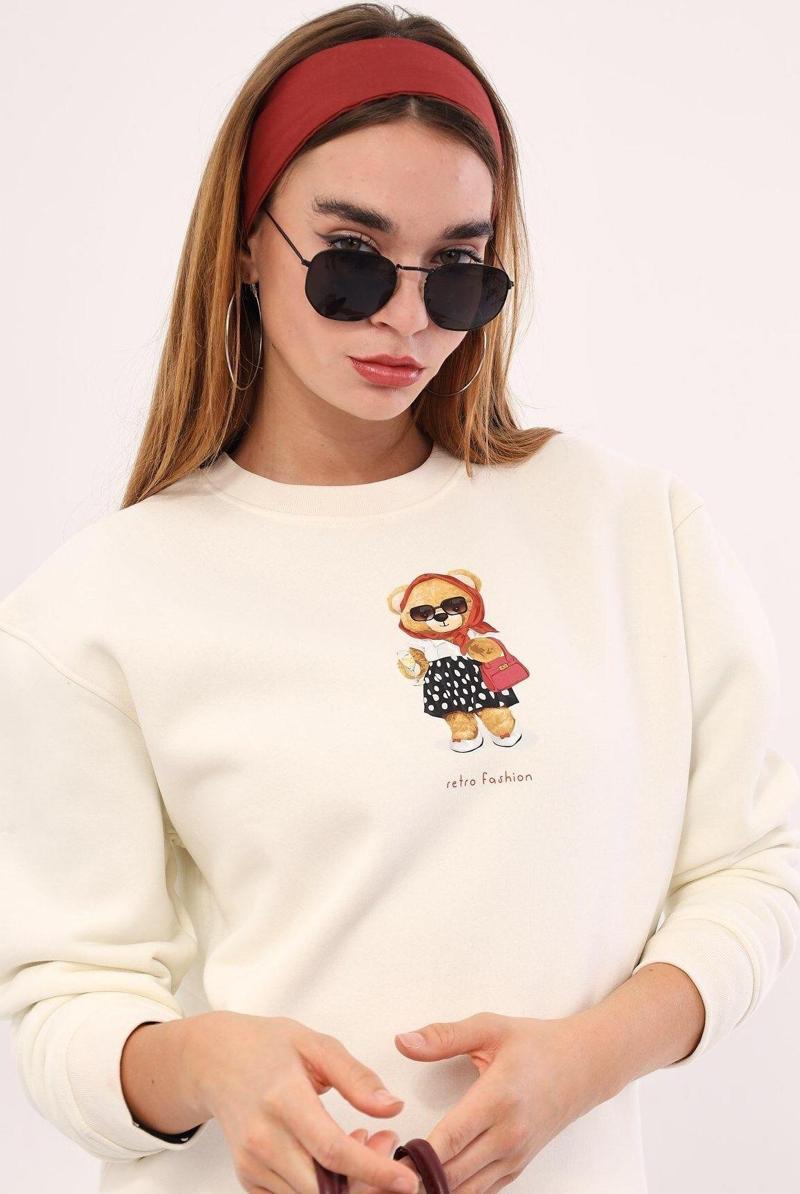 Biskilet Yaka İçi Polar Ayıcık Baskılı Beyaz Unisex Sweatshirt