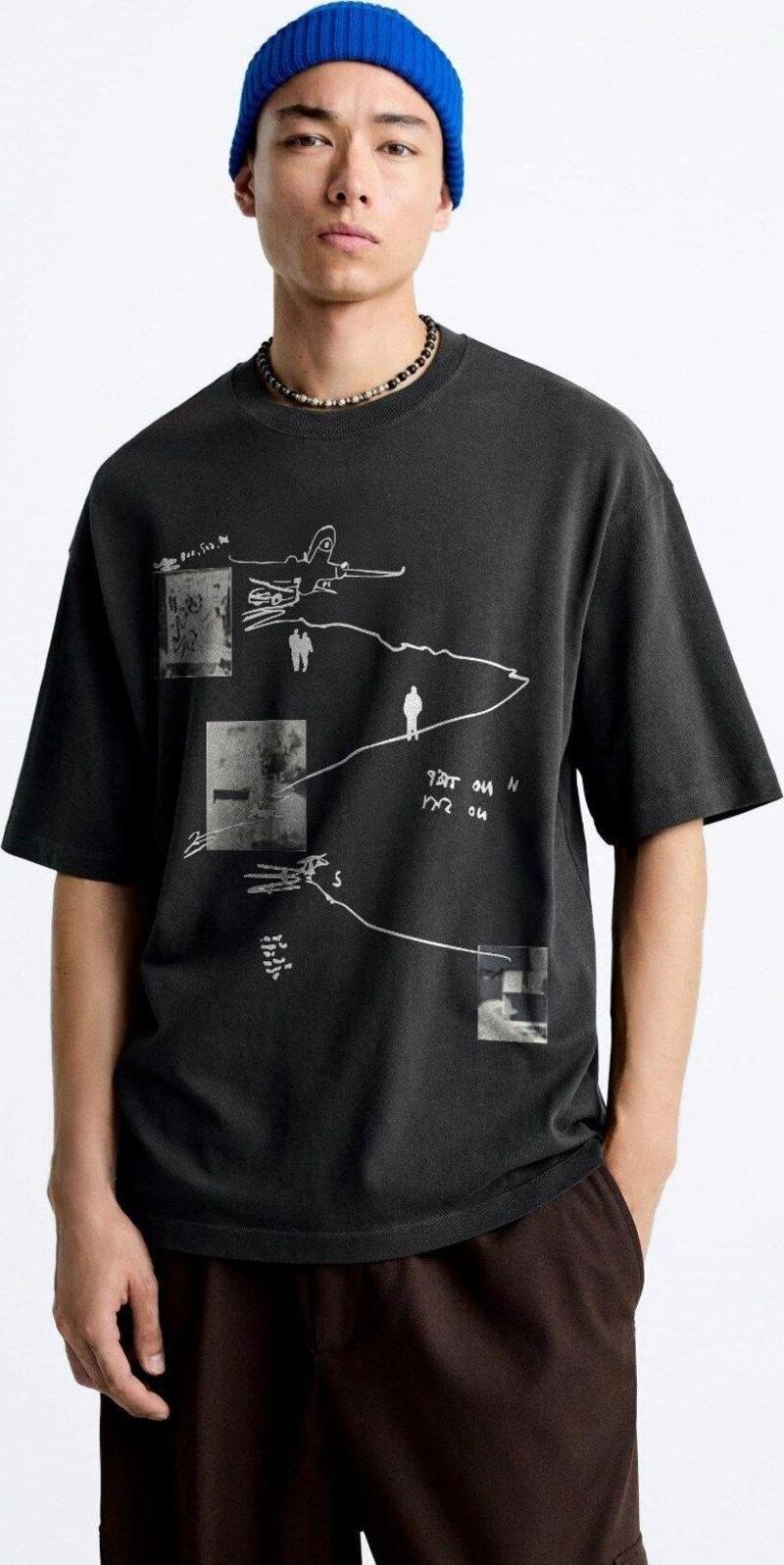 Art Work Baskılı Oversize Siyah Erkek T-Shirt