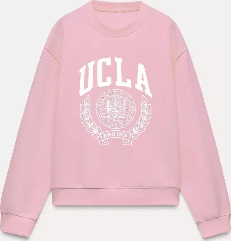 Ucla Yazı Baskılı Bisiklet Yaka İçi Polar Oversize Kesim Unisex Pembe Sweatshirt
