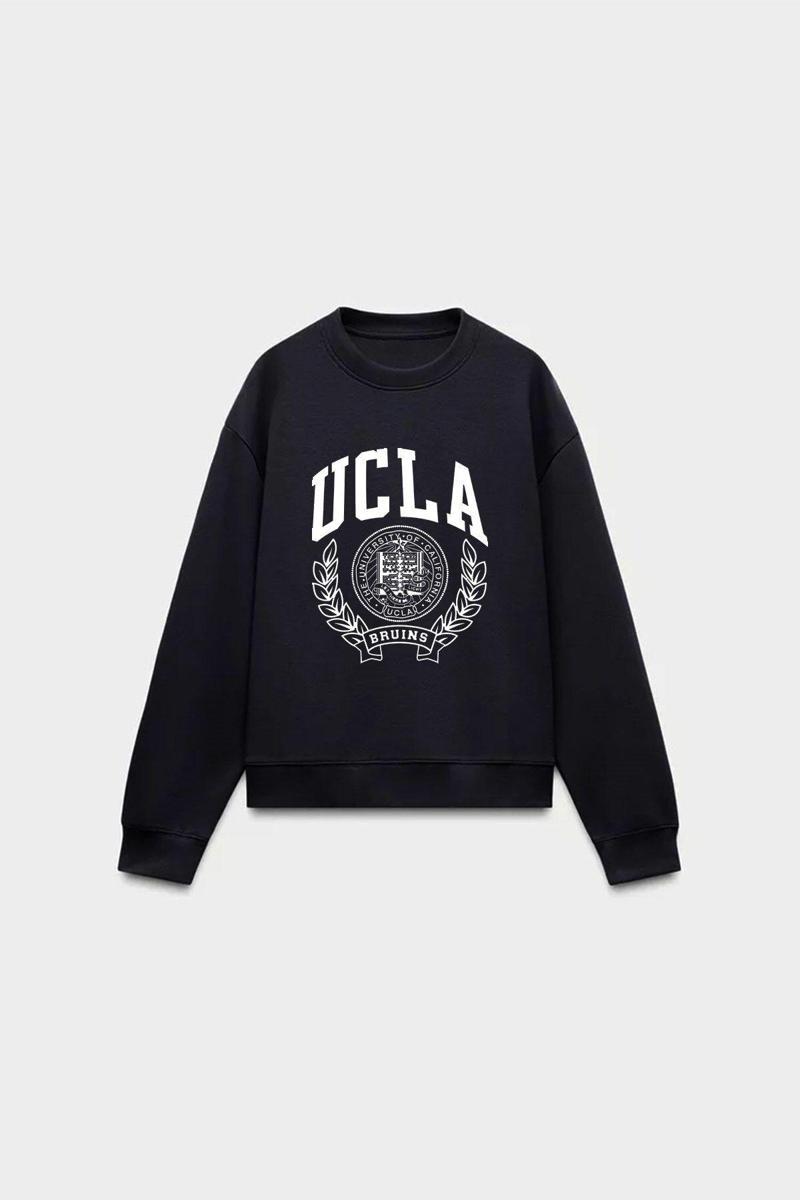 Ucla Yazı Baskılı Bisiklet Yaka İçi Polar Oversize Kesim Unisex Siyah Sweatshirt