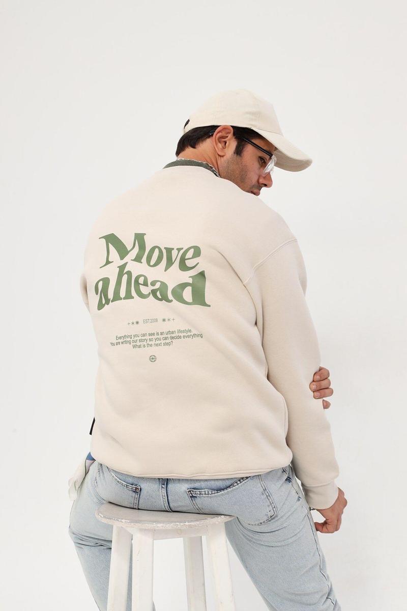 Bisiklet Yaka Içi Polar Move Ahead Yazı Baskılı Bej Oversize Hoodie Sweatshirt